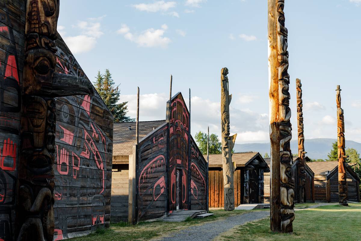 Totem poles and longhouses in 'Ksan Village.